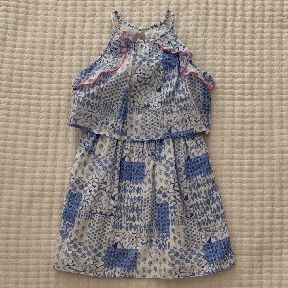 Vineyard Vines Blue and White Kids Dress with Pink Trim